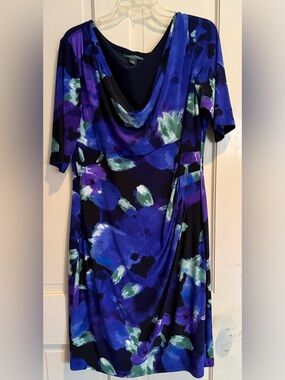 Lauren Ralph Lauren Blue, Purple & Green Floral Draped Neck Stretch Dress
